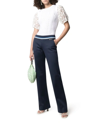 Miu Miu Stripe-detail Logo-patch Tailored Trousers In Blue