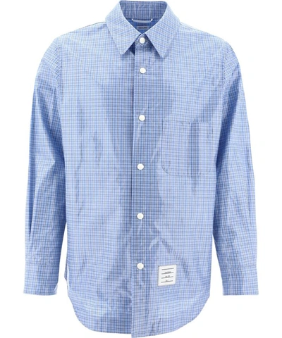 Thom Browne Check Laminated Snap Button Front Shirt Jacket In Blue