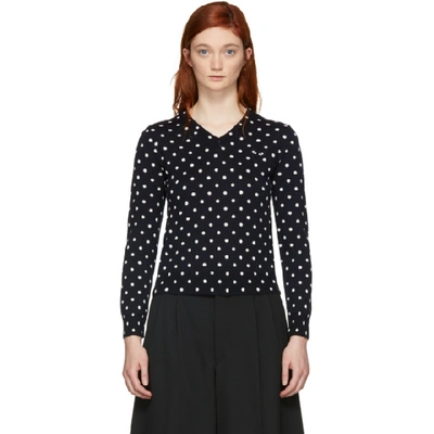 Comme Des Garçons Play Navy Polka Dot V-neck Sweater In Black