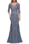 La Femme Gorgeous Lace Sheath Gown In Slate