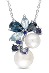 DELMAR STERLING SILVER LONDON BLUE TOPAZ, SKY SAPPHIRE, BLUE TOPAZ & FRESHWATER PEARL PENDANT NECKLACE,075000645889