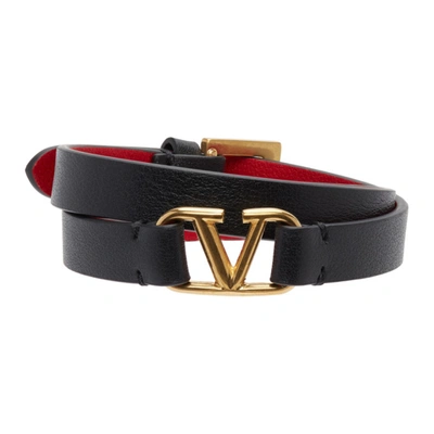 Valentino Garavani V-logo Double-wrap Leather Bracelet In Black/pure Red