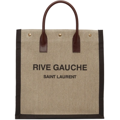 Saint Laurent Gold Rive Gauche Ns Tote Bag In Printed Linen And Leather