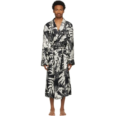 Tom Ford Tasselled Piped Floral-print Silk-twill Dressing Gown In 101 Blkwht