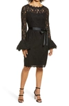 Shani Crewneck Bell-sleeve Floral Lace Dress With Embroidery Detail In Black