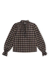 Ganni Seersucker Check Long-sleeve Blouse In Fossil