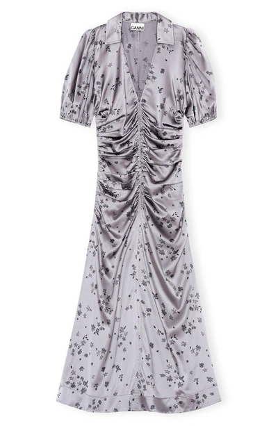 ganni ruched floral-print stretch-silk satin midi dress Ganni Floral-print Silk-blend Satin Midi Dress in Green