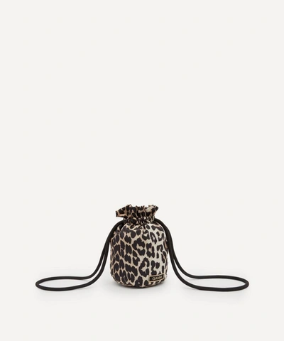 Ganni Recycled Tech Fabric Drawstring Pouch Bag In Leopard