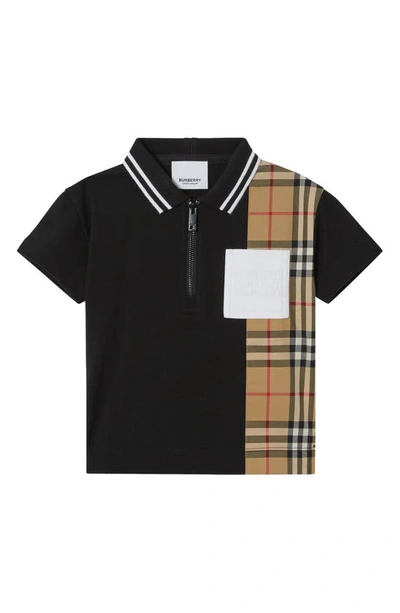 Burberry Kids' Vintage Check Panel Zip-front Polo Shirt In Black