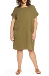 Eileen Fisher Plus Size Organic Cotton Short-sleeve Gauze Dress In Olive
