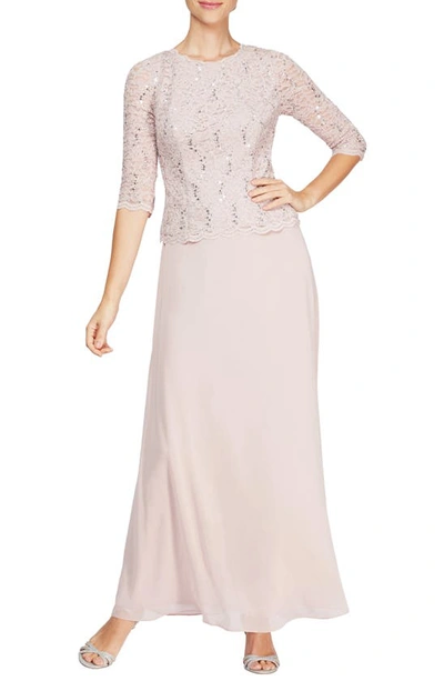 Alex Evenings Petite Sequin Lace Gown In Shell Pink