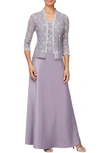 Alex Evenings Sequin Lace & Satin Gown With Jacket In Icy Orchid