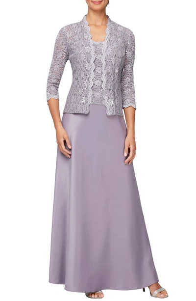 Alex Evenings Sequin Lace & Satin Gown With Jacket In Icy Orchid