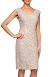 Alex Evenings Sequin Corded Lace Cocktail Dress In Champagne/ Ivory