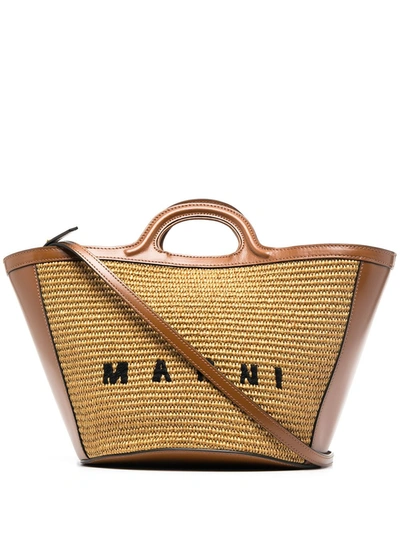 Marni Two-tone Leather And Raffia Small Tropicalia Summer Handbag In Brown