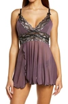 COQUETTE METALLIC LACE TRIM BABYDOLL CHEMISE & THONG,1448