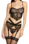 Coquette Lace Bra, Garter Belt & G-string Thong In Black