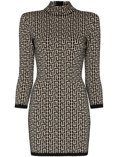 BALMAIN MONOGRAM-JACQUARD KNITTED MINI DRESS