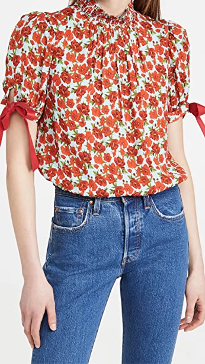 Alice And Olivia Irene Floral Mock Neck Blouse In Forget Me Not Bright Poppy