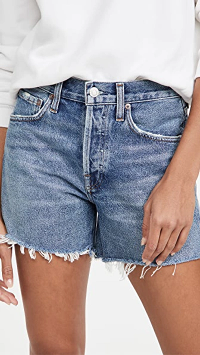 Agolde Parker Distressed High Waist Organic Cotton Denim Shorts In Skywave