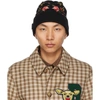 BURBERRY BLACK MERINO EMBROIDERED ROSE BEANIE