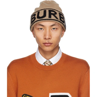 Burberry Neutral Logo Intarsia Cashmere Beanie Hat In Archive Beige