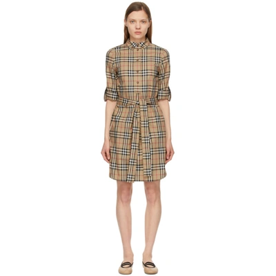 Burberry Isotto Vintage Check Print Cotton Shirt Dress In Beige,black,red