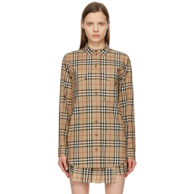 Burberry Turnstone Oversize Vintage Check Stretch Cotton Shirt In Archievebeige