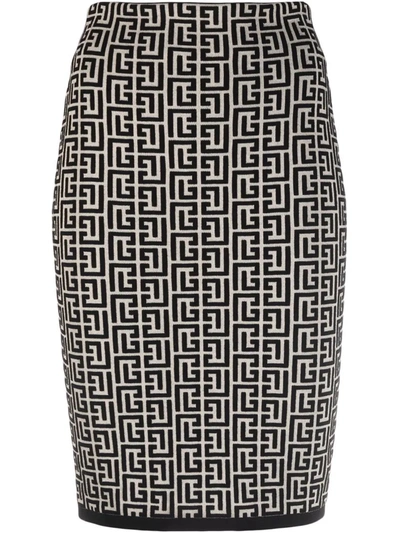 Balmain Monogram Jacquard Fitted Skirt In Black,neutral