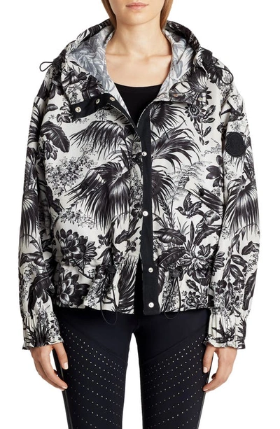 Moncler Albireo Hooded Floral-print Shell Jacket In Grey,multi