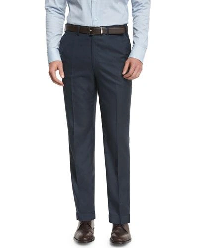 Brioni Phi Flat-front Twill Trousers, Navy