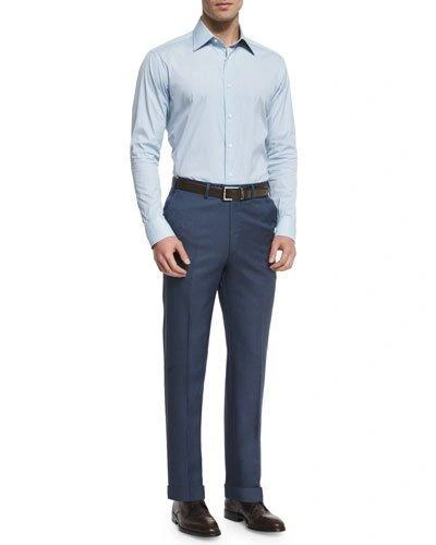 Brioni Phi Flat-front Twill Trousers, Blue