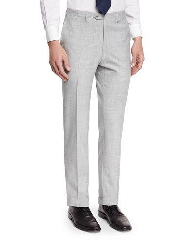 Kiton Solid Flat-front Wool Trousers, Gray