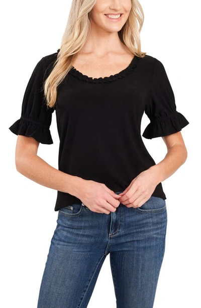Cece Ruffle Neck Puff Sleeve Top In Rich Black