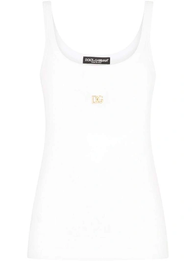 Dolce & Gabbana Metal Logo Ribbed Cotton Jersey Tank Top In White