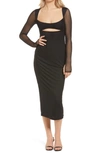 Afrm Kellen Cutout Long Sleeve Mesh Midi Dress In Noir