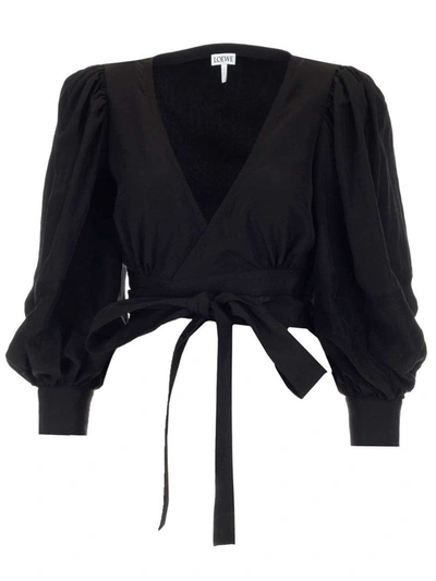 Loewe Balloon Sleeve Wrap Top In Linen In Black