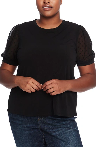 Cece Puff Sleeve Mixed Media Top In Rich Black