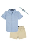 Andy & Evan Babies' Button-up Shirt, Suspender Shorts & Bow Tie Set In Light Blue And Khaki