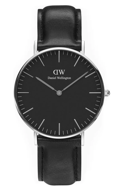 Daniel Wellington Classic Sheffield Leather Strap Watch, 36mm In Black/ Silver