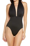 Norma Kamali Halter Low-back Solid One-piece Swimsuit In Black
