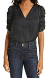 Frame Pleated Puff-sleeve Silk Mockneck Top In Noir