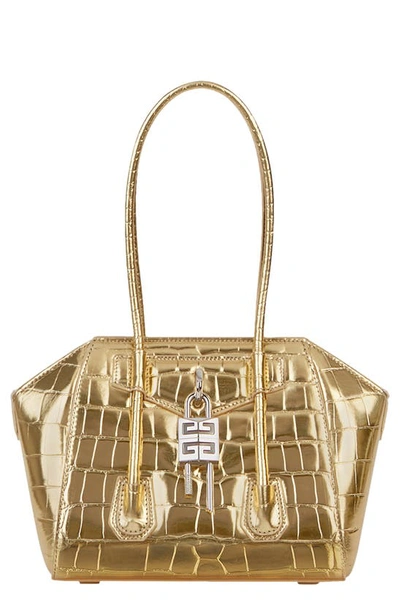Givenchy Mini Antigona Lock Croc Embossed Metallic Leather Satchel In Gold Yellow
