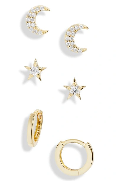 Argento Vivo Sterling Silver Celestial Set Of 3 Cubic Zirconia Stud Earrings In Gold