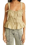 Ulla Johnson Lulu Tie-detailed Gathered Cotton-poplin Top In Khaki