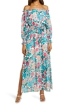 CHARLES HENRY FLORAL OFF THE SHOULDER LONG SLEEVE MAXI DRESS,91944CH-GPF
