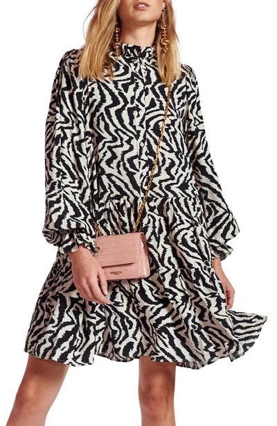 Essentiel Antwerp Zoku Zebra Print Long Sleeve Dress In Bl Bianco Nero