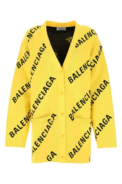 Balenciaga Logo Cotton Blend Knit V Neck Cardigan In Yellow