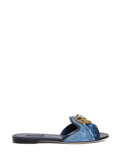 Dolce & Gabbana Embellished Leather-trimmed Denim Slides In Light Blue,blue
