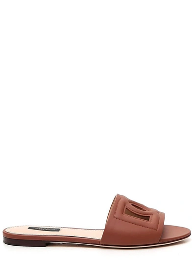 Dolce & Gabbana Logo Cutout Leather Sandals In Brown